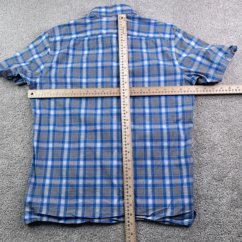 Banana Republic Shirt Mens Medium Blue Ombre Plaid Short Sleeve Button‎ Up